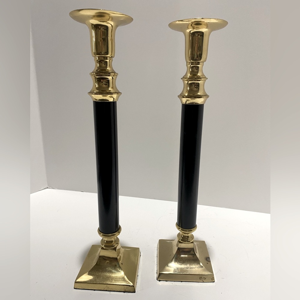 2 Brass Candle Holders Black Enamel Square Base Pair India MCM Vintage Taper